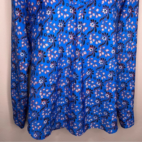 XS J Crew Blue Long Sleeve Blouse Vneck Red White Floral Boho Bohemian Colorful - Picture 7 of 13